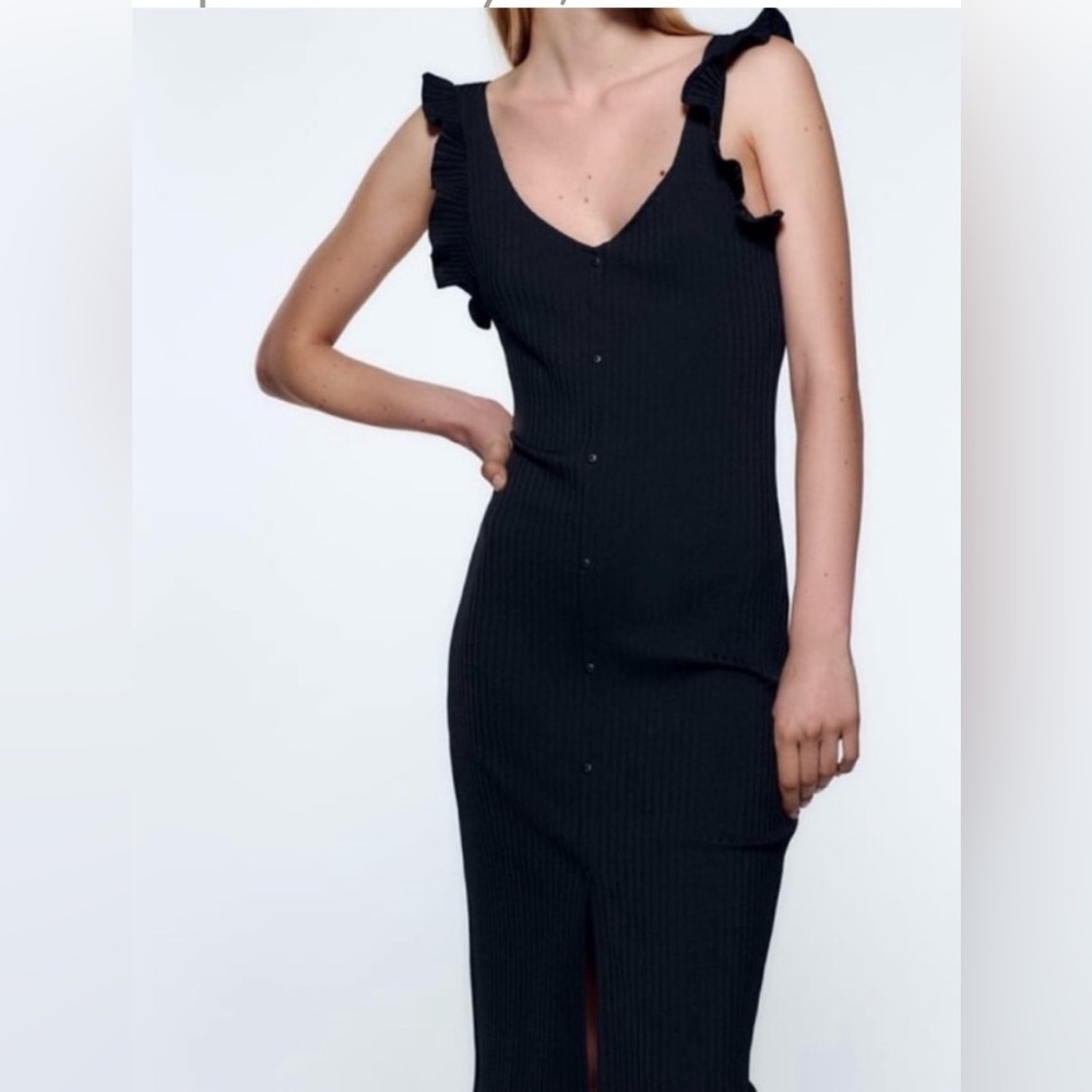 NWT Zara Elegant Black Ruffle Sleeve Dress